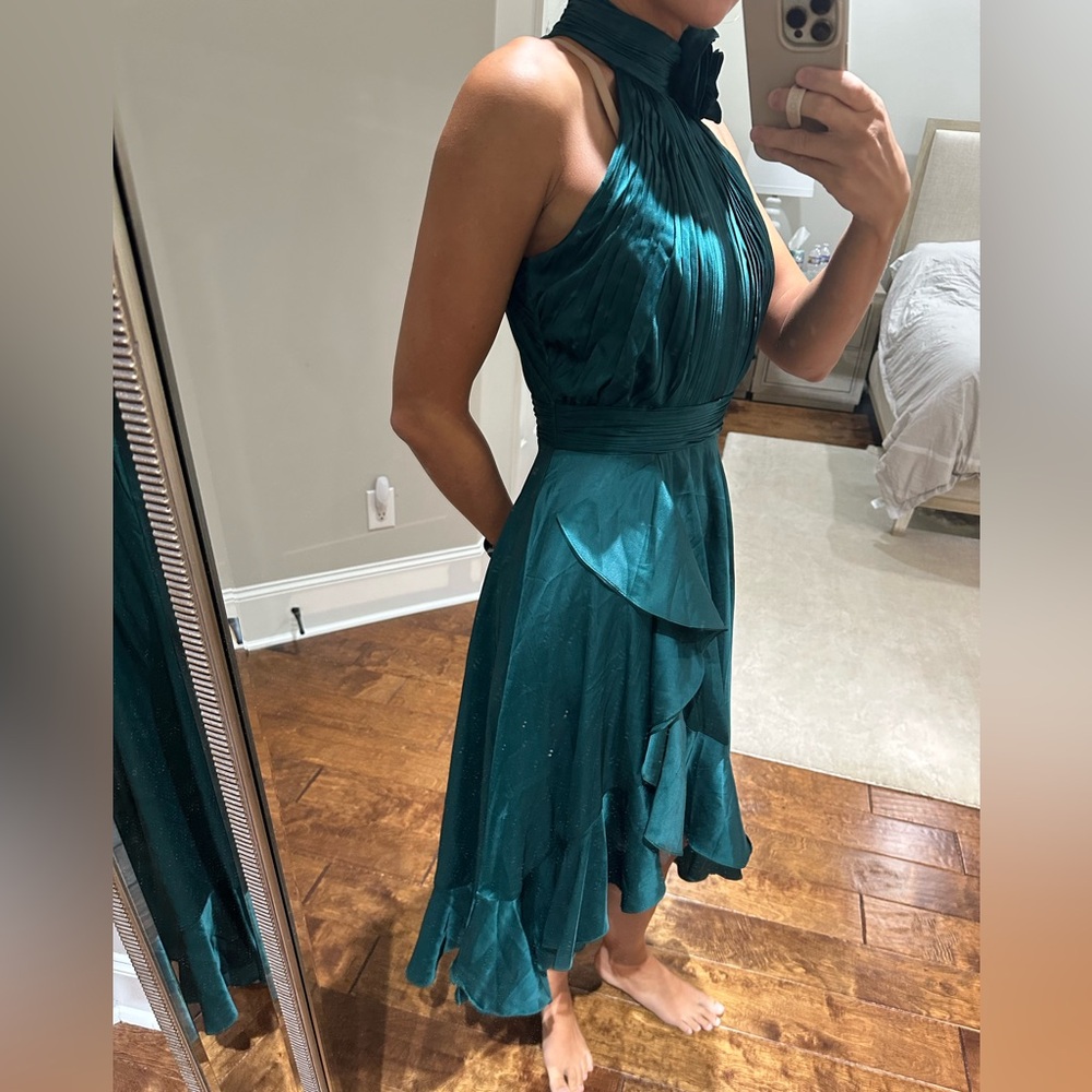 Mac Duggal HALTER NECK FLOWER DETAIL RUFFLED MIDI DRESS - Picture 7 of 12